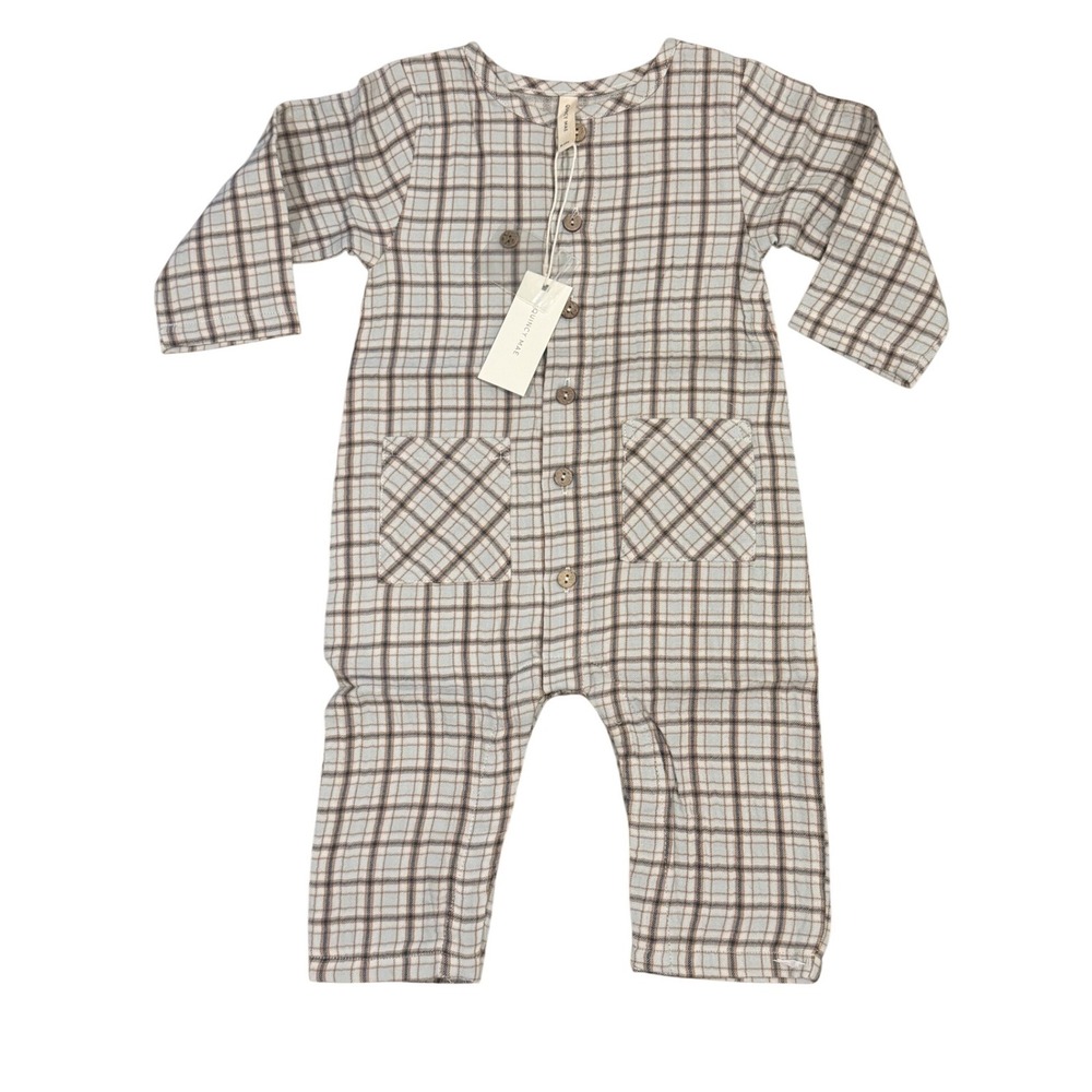 Quincy Mae Jumpsuit Unisex 6-12M Blue Plaid Woven Organic Cotton Button Romper